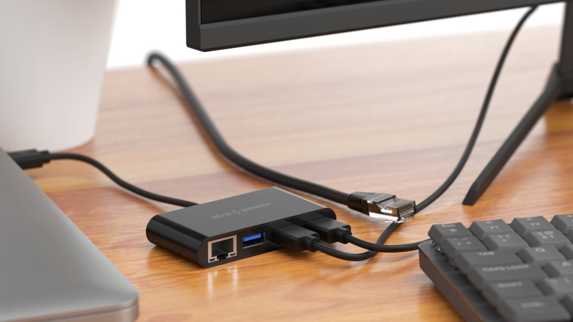 AlzaPower USB-C (M) to 3× USB-A 3.0 (F) USB hub RJ45 csatlakozóval, fekete