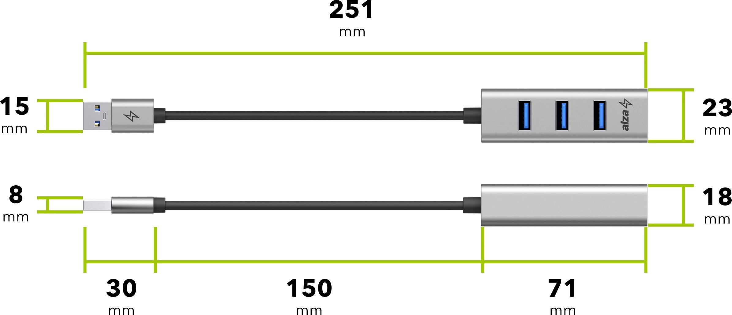 AlzaPower Metal USB-A (M) to 4× USB-A 3.0 (F) USB hub, asztroszürke