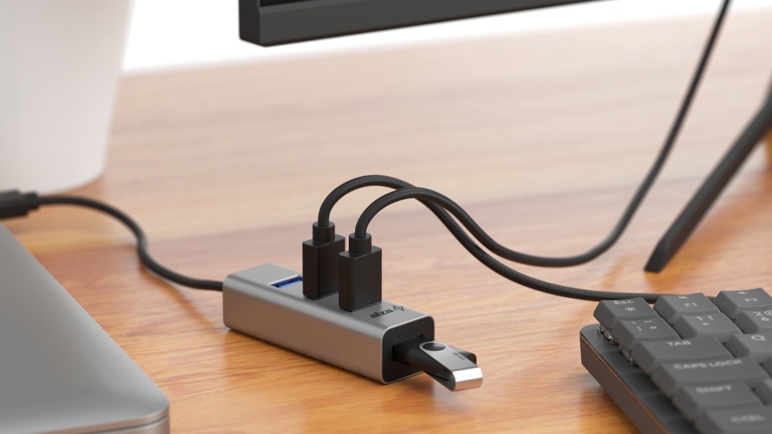 AlzaPower Metal USB-A (M) to 4× USB-A 3.0 (F) USB hub, asztroszürke