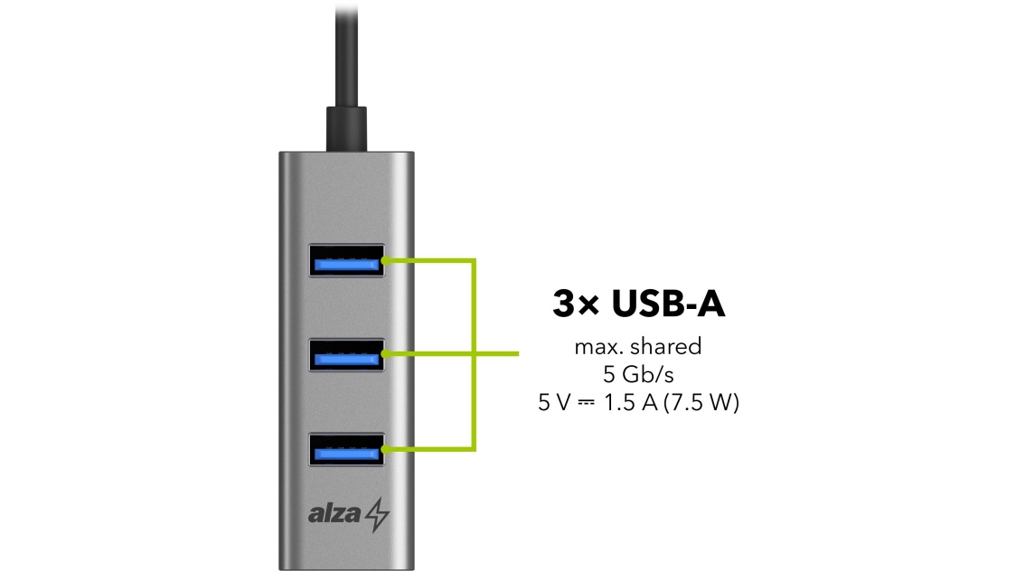 AlzaPower Metal USB-A (M) to 4× USB-A 3.0 (F) USB hub, asztroszürke