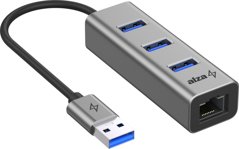 AlzaPower Metal USB-A (M) to 3× USB-A 3.0 (F) USB hub + RJ45 csatlakozó, asztroszürke