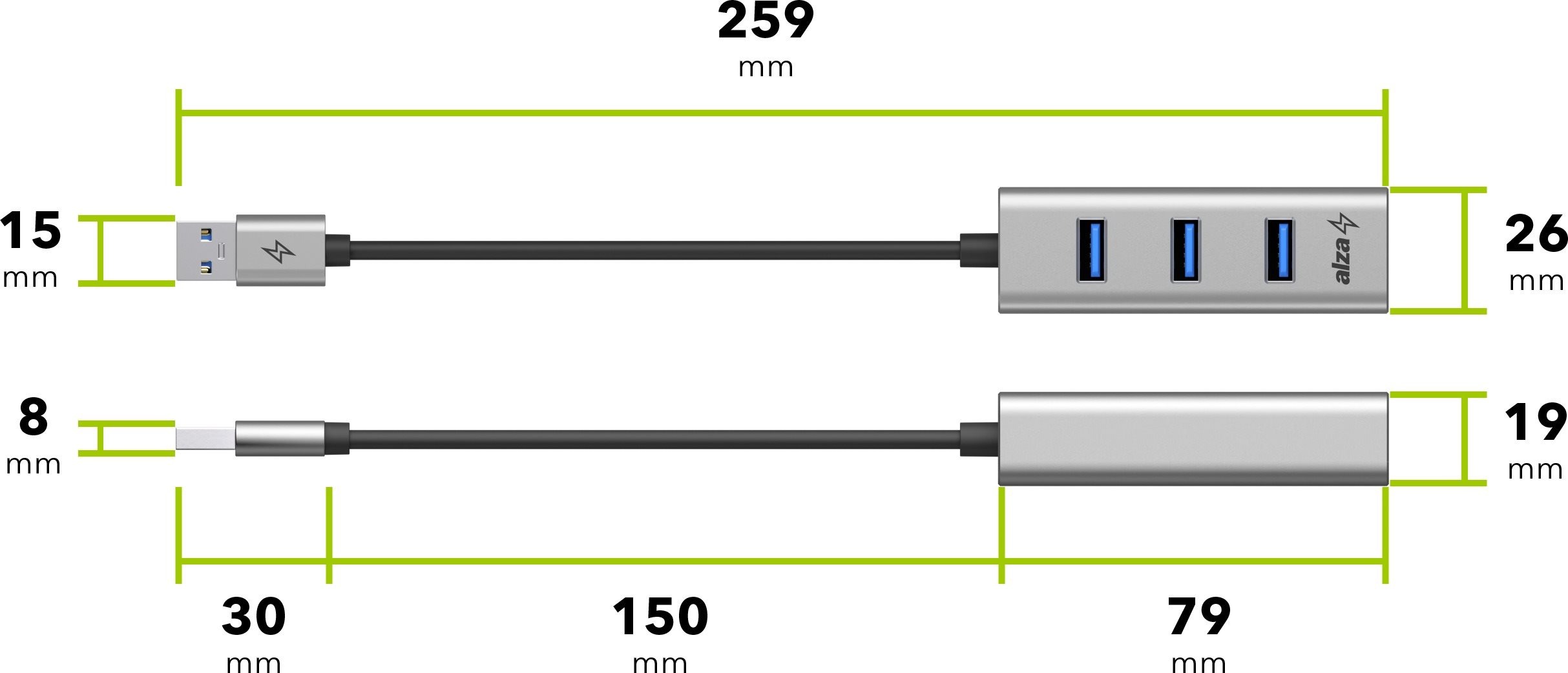 AlzaPower Metal USB-A (M) to 3× USB-A 3.0 (F) USB hub + RJ45 csatlakozó, asztroszürke