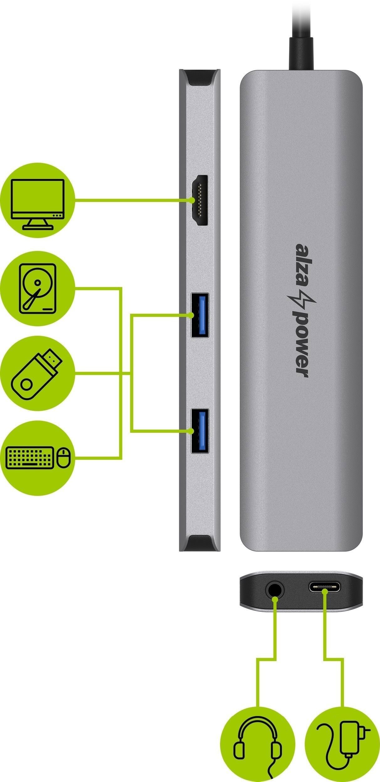 AlzaPower Metal USB-C Dock Station 5in1 (140 W) - asztroszürke