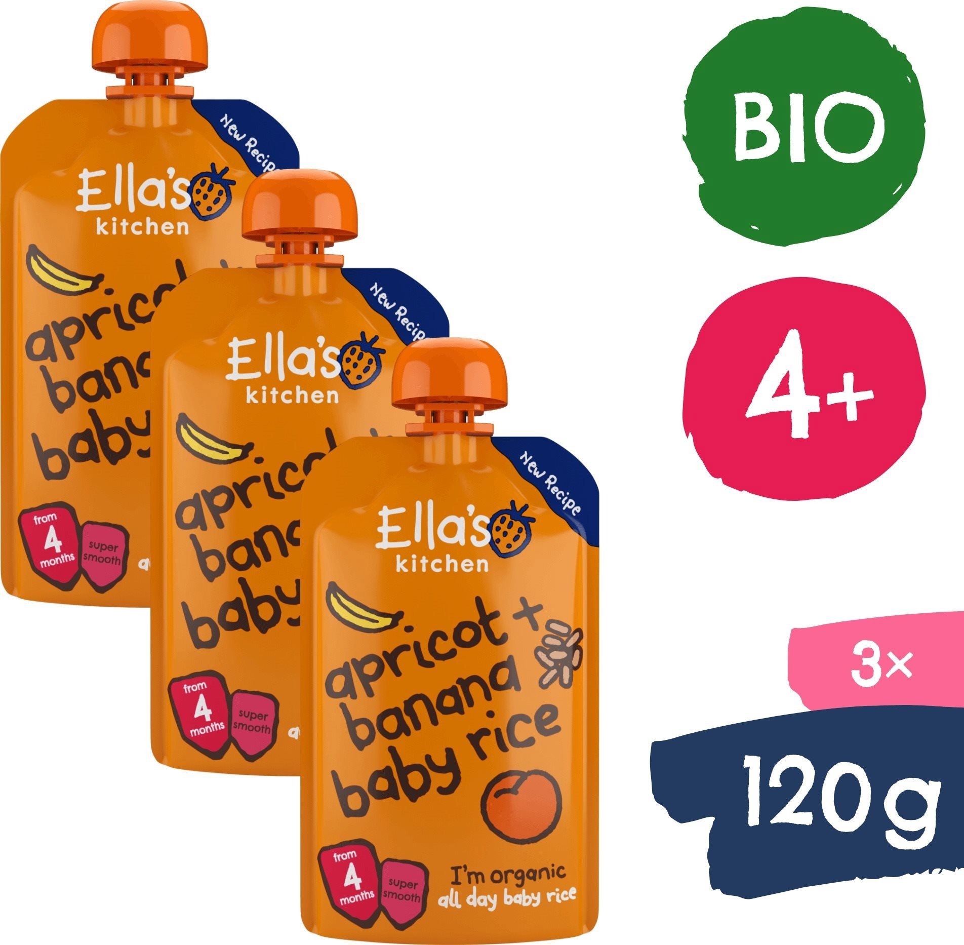 BABY20066 Ella's Kitchen BIO Baby rizs, banán és sárgabarack 3×120 g