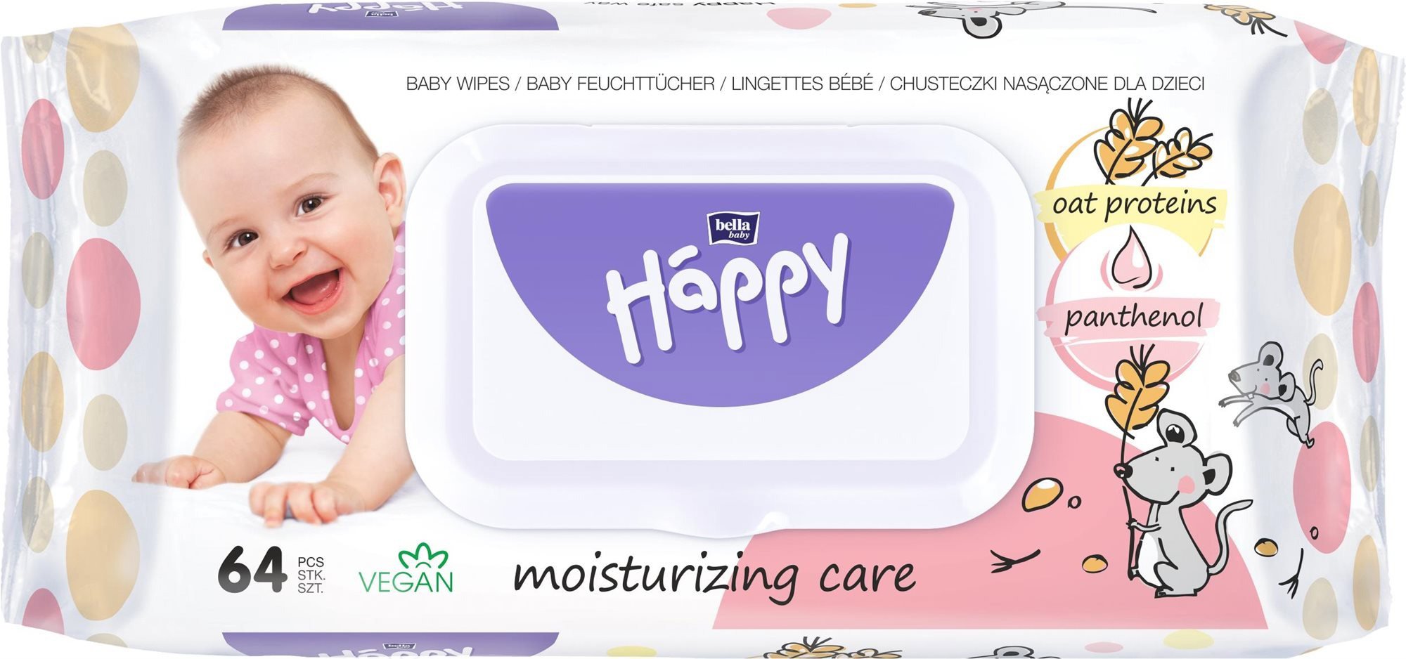 HAPPY Baby Oat Protein és Panthenol baba nedves törlőkendő, 64 db