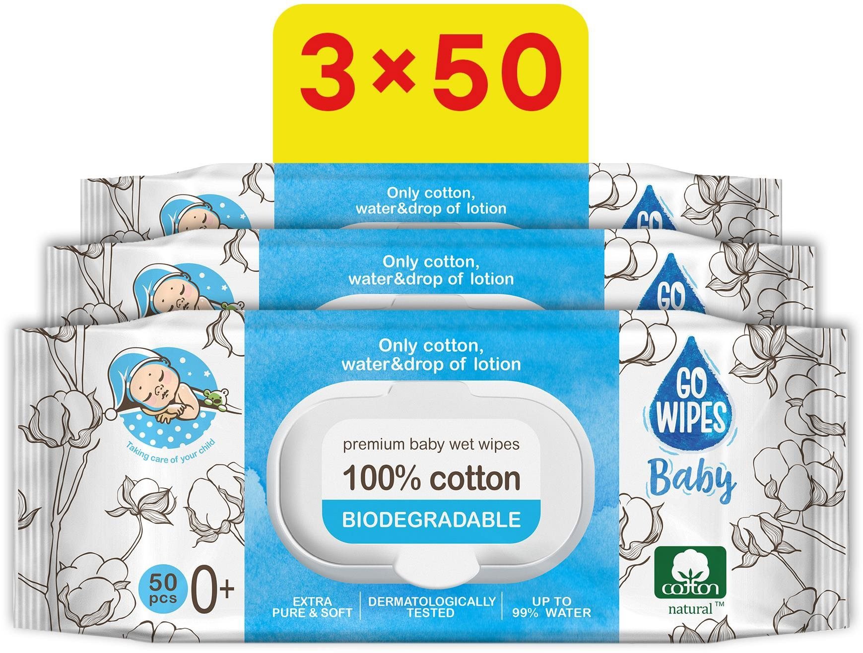 GoWipes 100%-os természetes pamut nedves törlőkendő 3× 50 db (150 db)