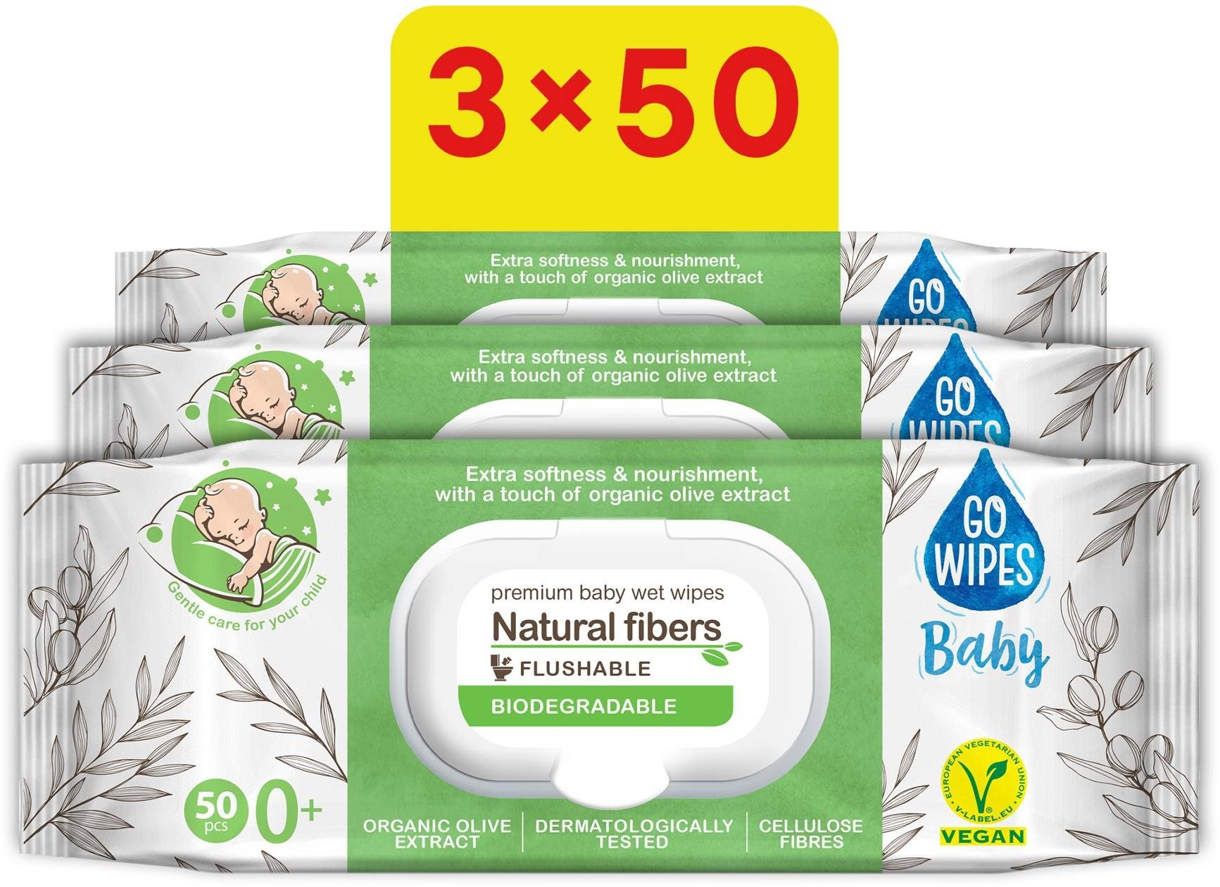 GoWipes nedves törlőkendő olíva kivonattal 3× 50 db (150 db)