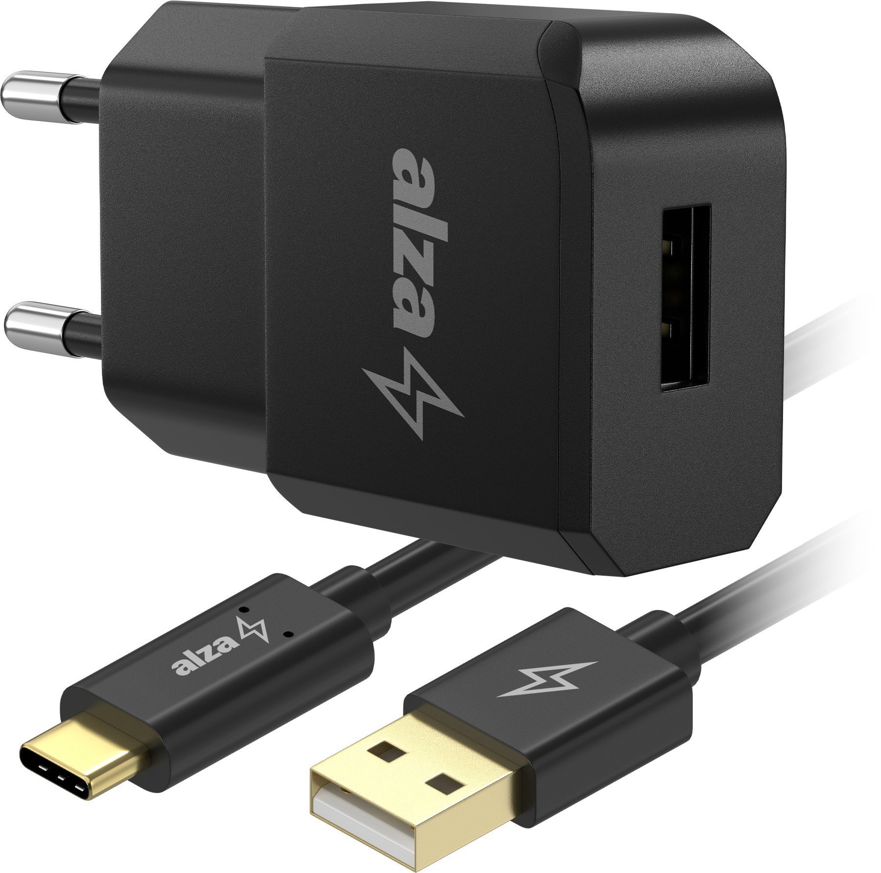 AlzaPower Compact A300 10W - fekete + Core USB-C 2.0 1m - fekete szett