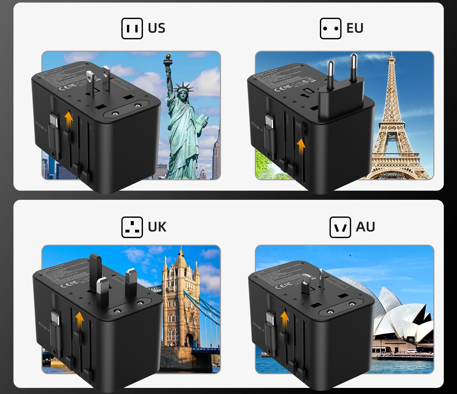 ChoeTech 35W Travel Wall Charger with inside cable (US/EU/UK/AU) hálózati töltő