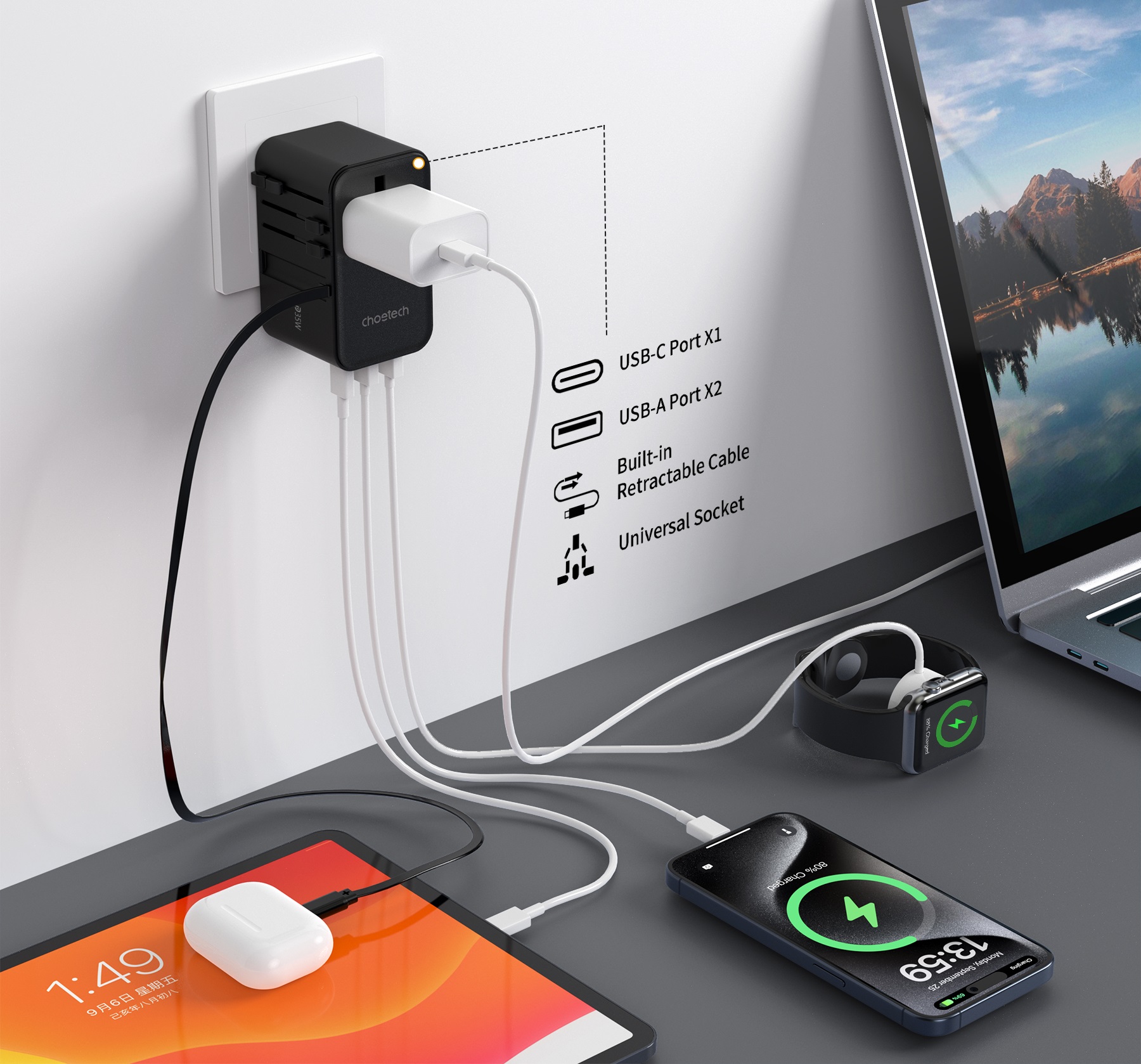 ChoeTech 35W Travel Wall Charger with inside cable (US/EU/UK/AU) hálózati töltő