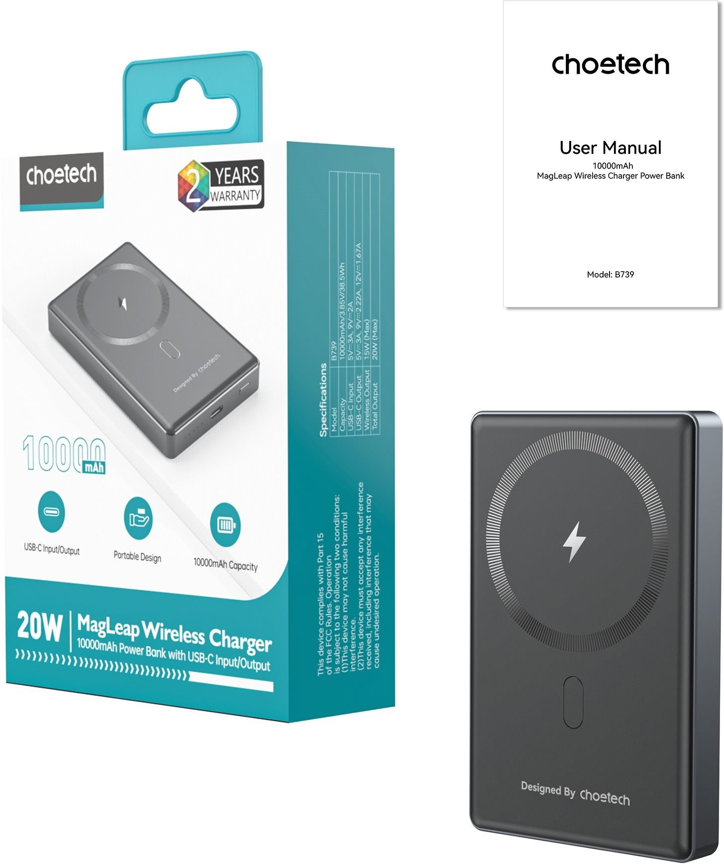 ChoeTech PD20W 10000mAh Ultra-thin magnetic power bank SUPER SLIM only 14.6mm--black powerbank