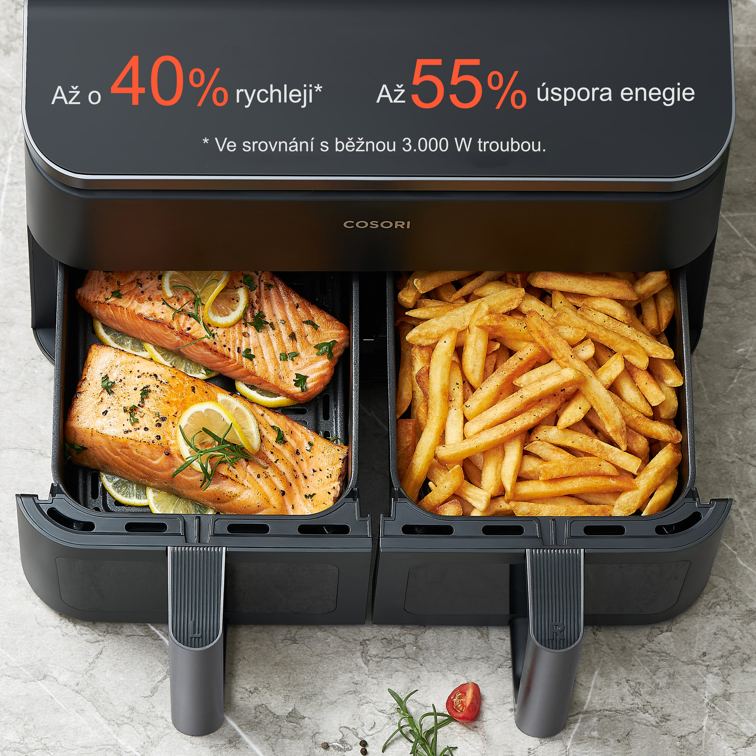 Cosori Dual Basket forrólevegős fritőz + 5 × nyárs és rács