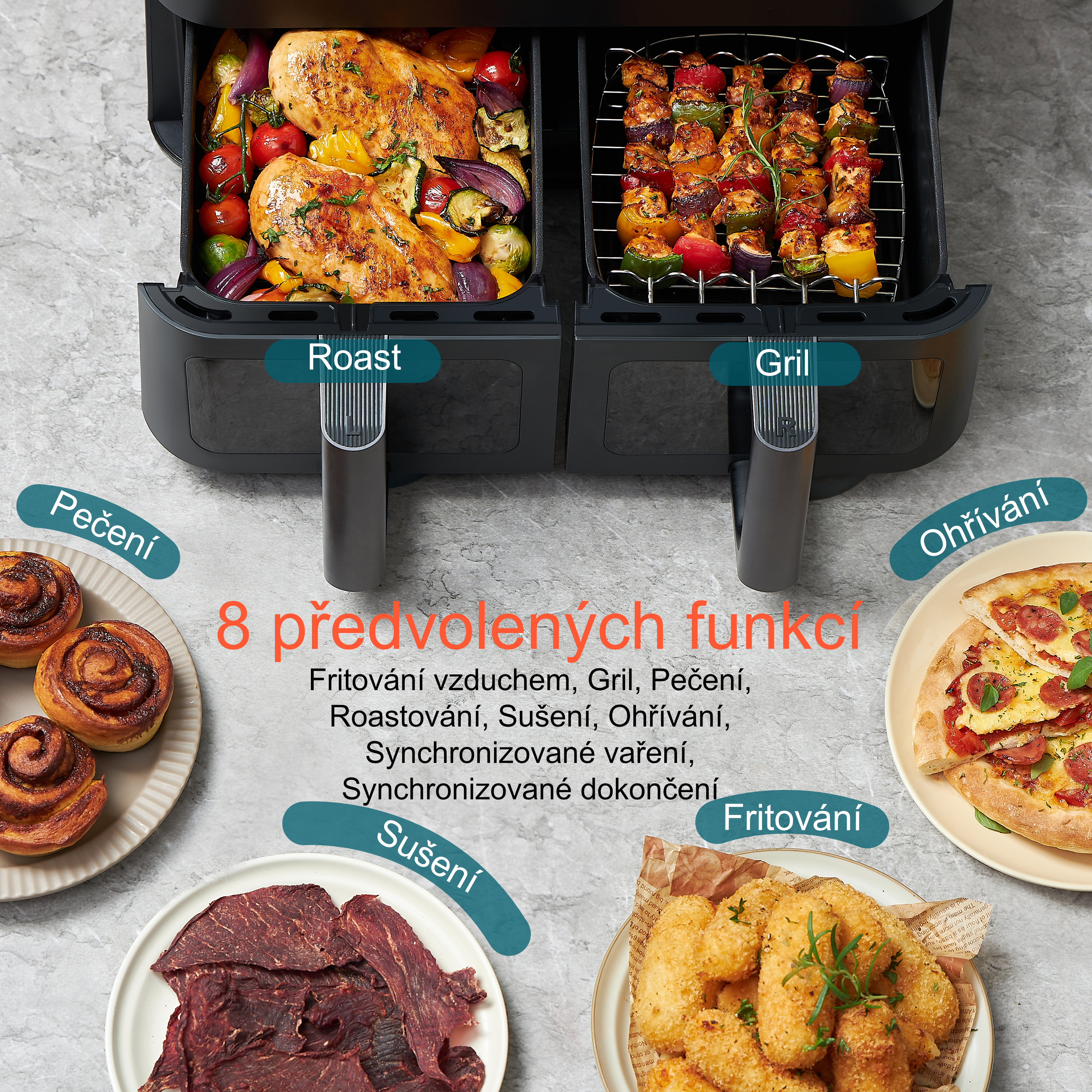 Cosori Dual Basket forrólevegős fritőz + 5 × nyárs és rács