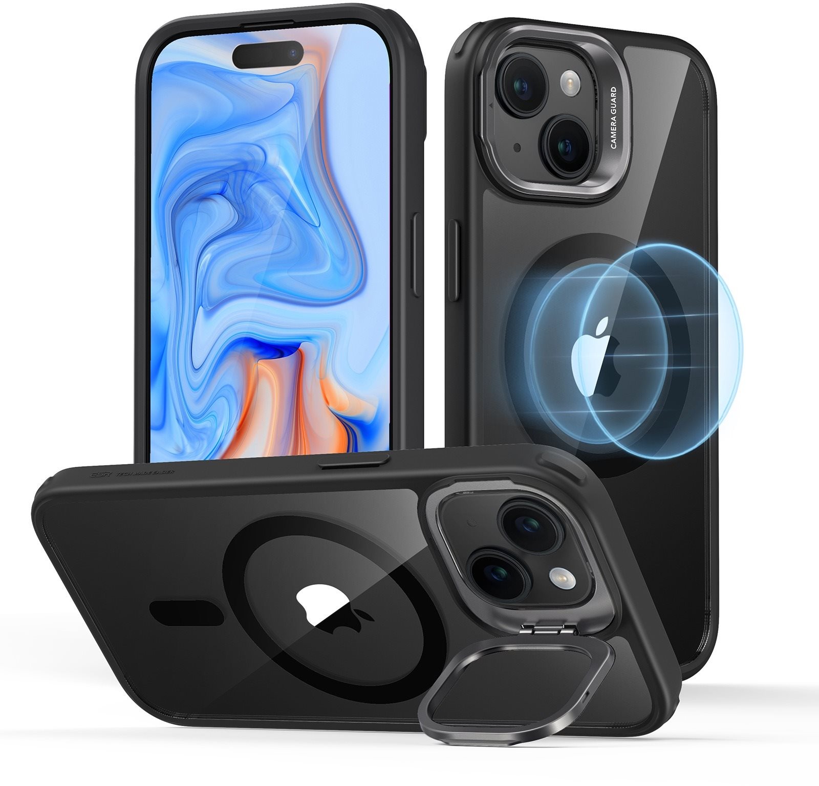 ESR Classic Hybrid Case with Stash Stand (HaloLock), Compatible with iPhone 15 Plus, Clear Black mobiltelefon tok