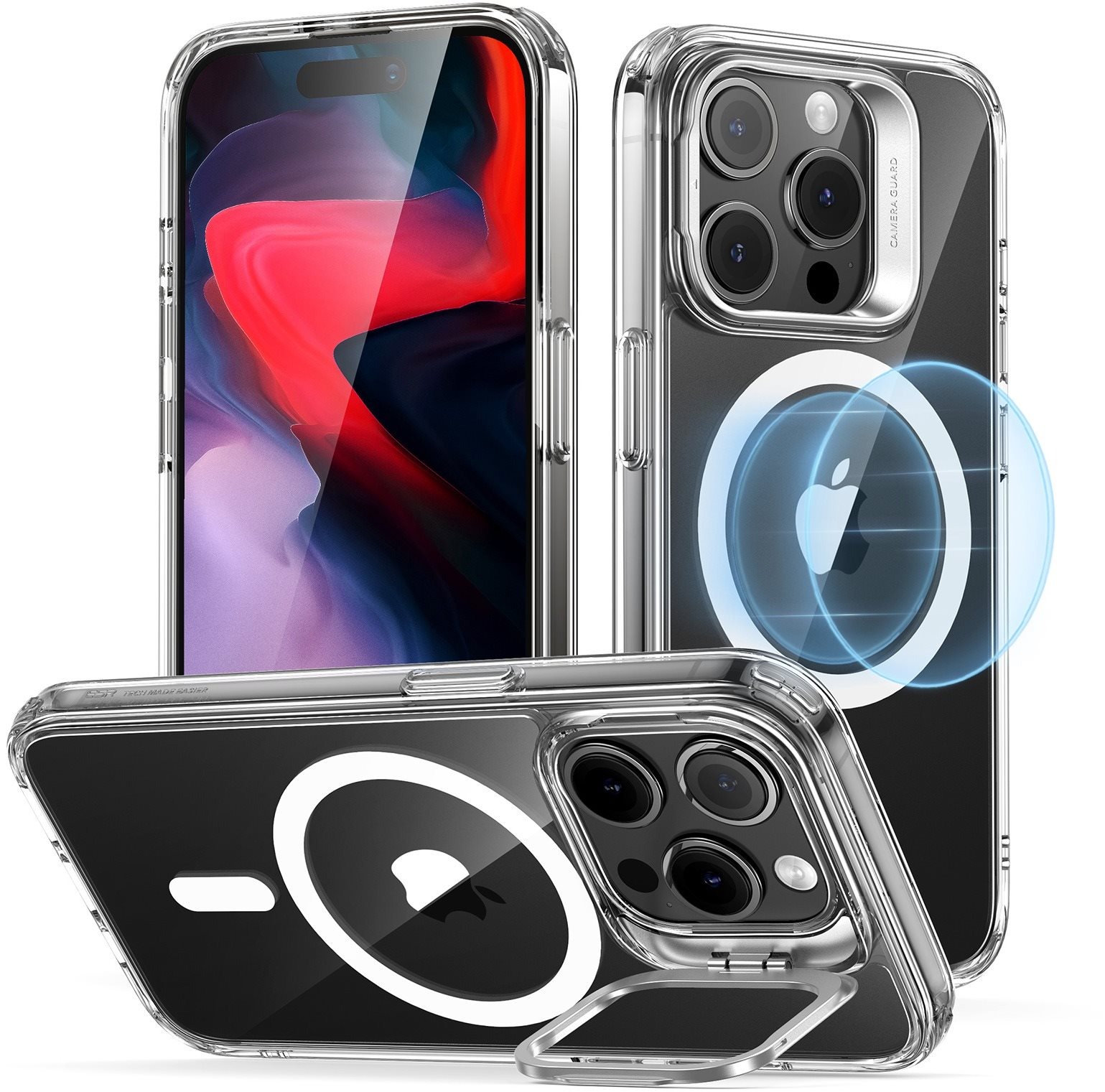 ESR Classic Hybrid Case with Stash Stand (HaloLock), Compatible with iPhone 15 Pro, Clear mobiltelefon tok