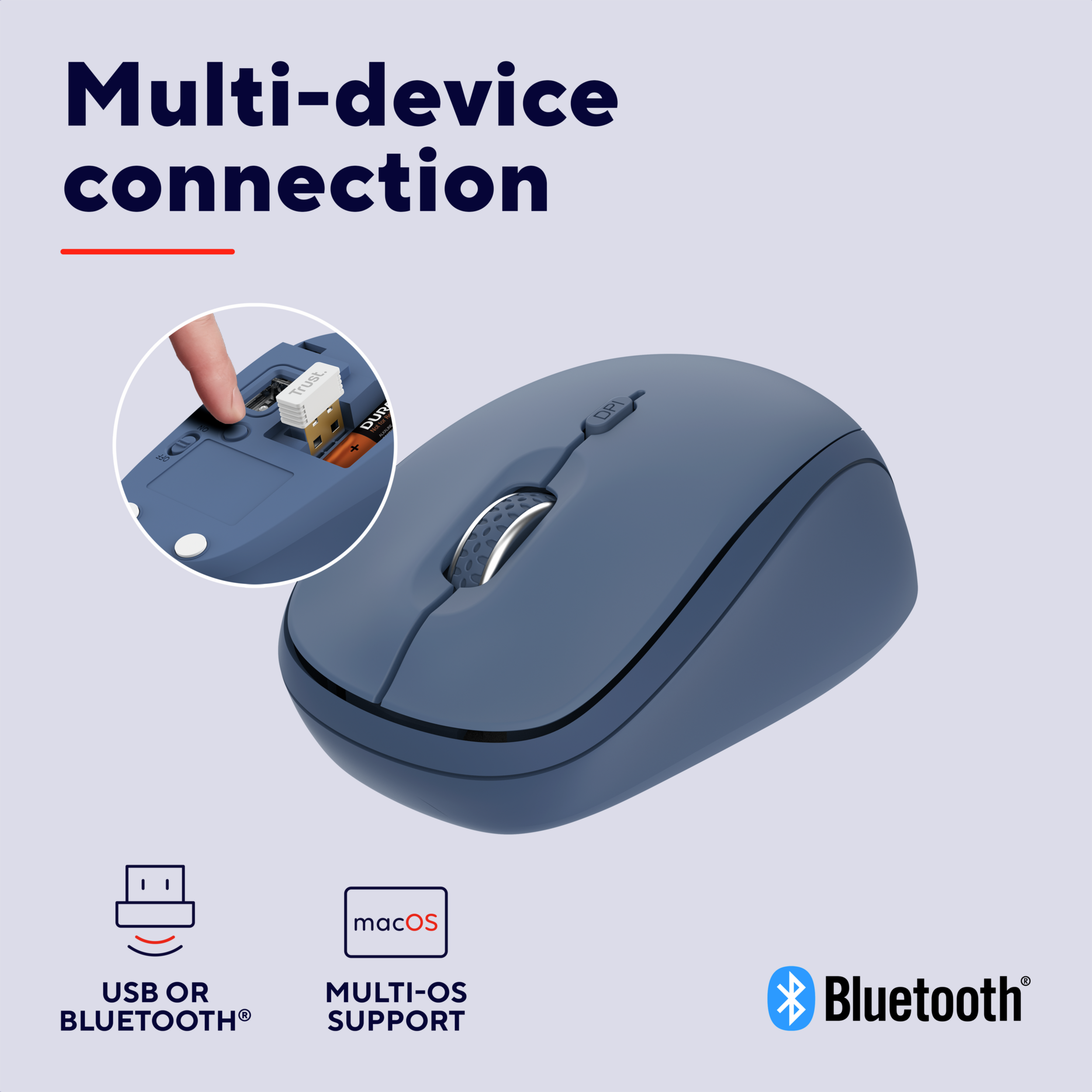 Trust Yvi+ Multi-Device Wireless-Bluetooth Silent Mouse, kék