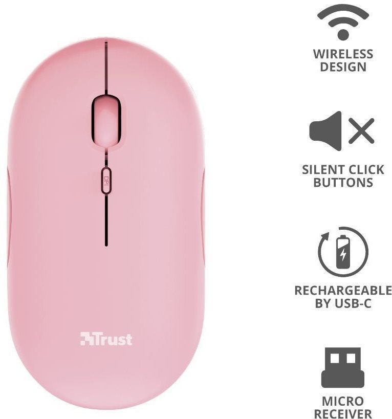 Trust Puck Wireless BT Silent Mouse egér, rózsaszín