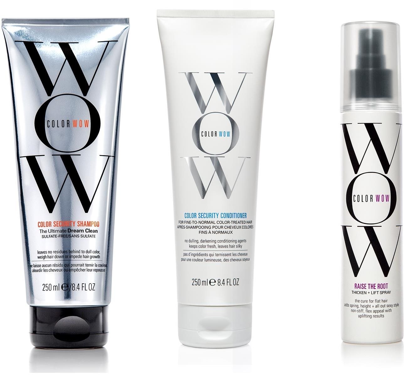 A COLOR WOW Color Security Spray Set 650 ml tartalma: sampon (250 ml), balzsam (250 ml), hajspray (150 ml)