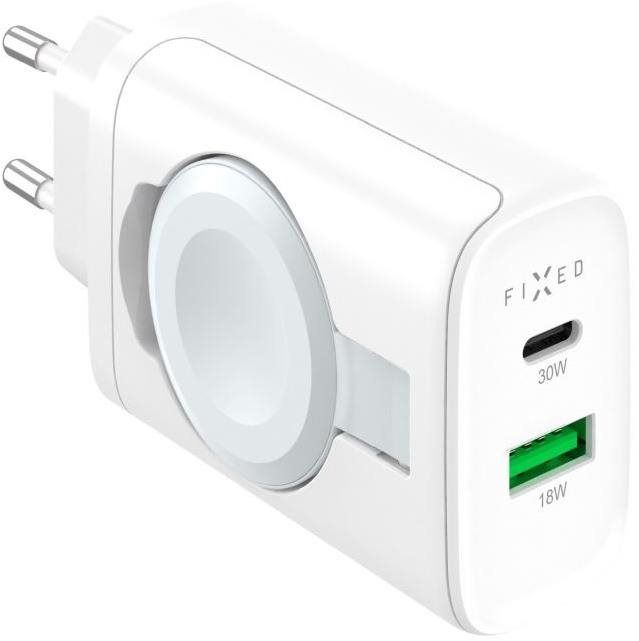 FIXED Power Socket töltő adapter USB-A és USB-C csatlakozóval és kihajtható Apple Watch 33W töltővel, fehér