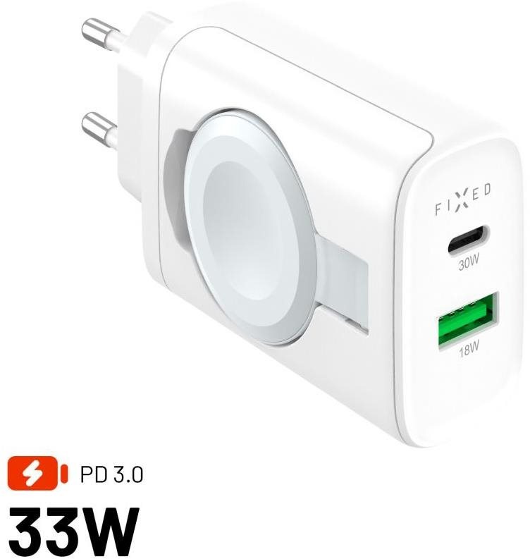 FIXED Power Socket töltő adapter USB-A és USB-C csatlakozóval és kihajtható Apple Watch 33W töltővel, fehér