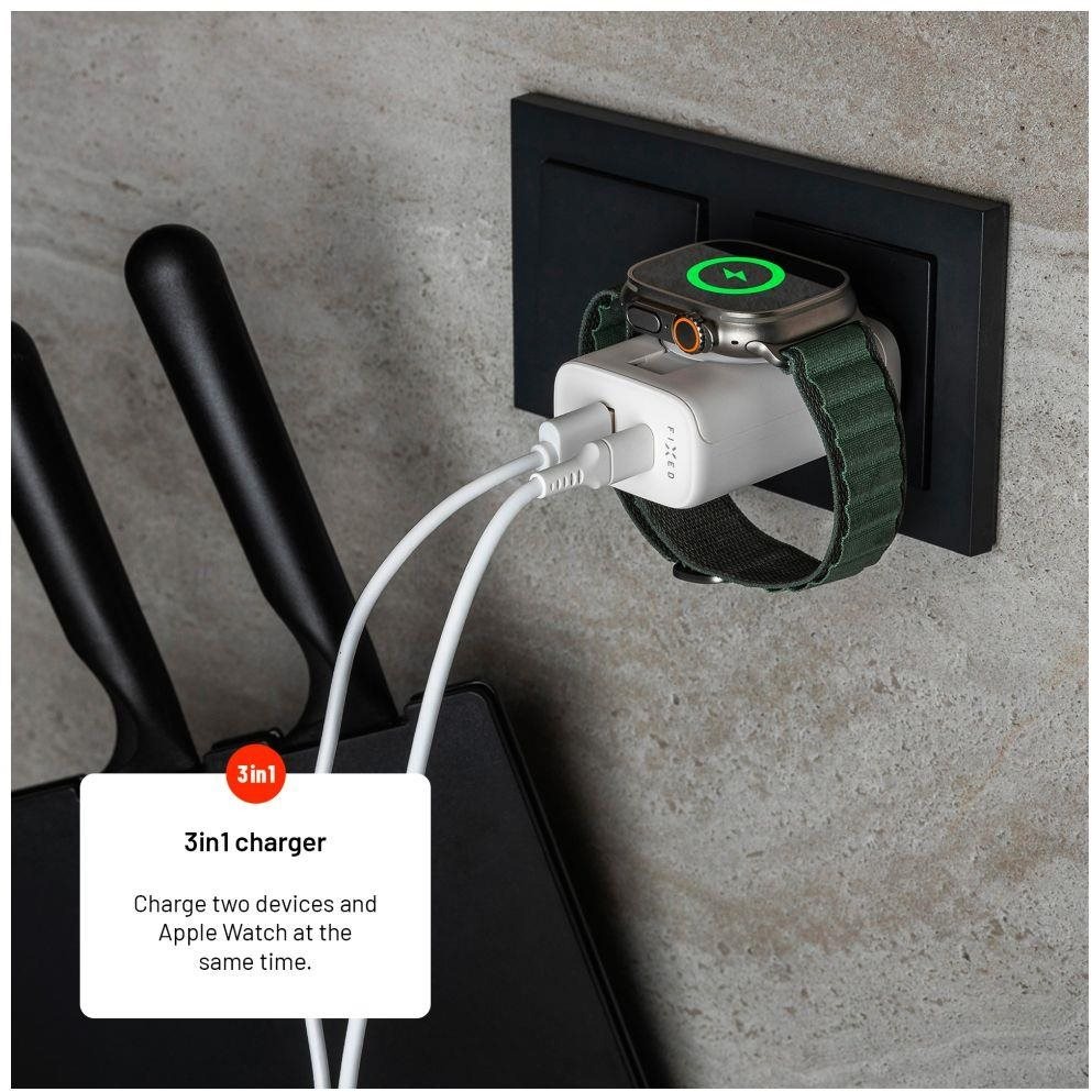 FIXED Power Socket töltő adapter USB-A és USB-C csatlakozóval és kihajtható Apple Watch 33W töltővel, fehér