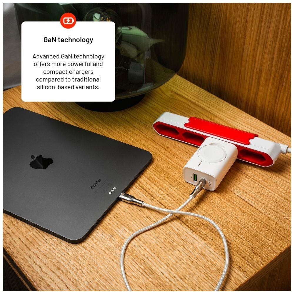 FIXED Power Socket töltő adapter USB-A és USB-C csatlakozóval és kihajtható Apple Watch 33W töltővel, fehér