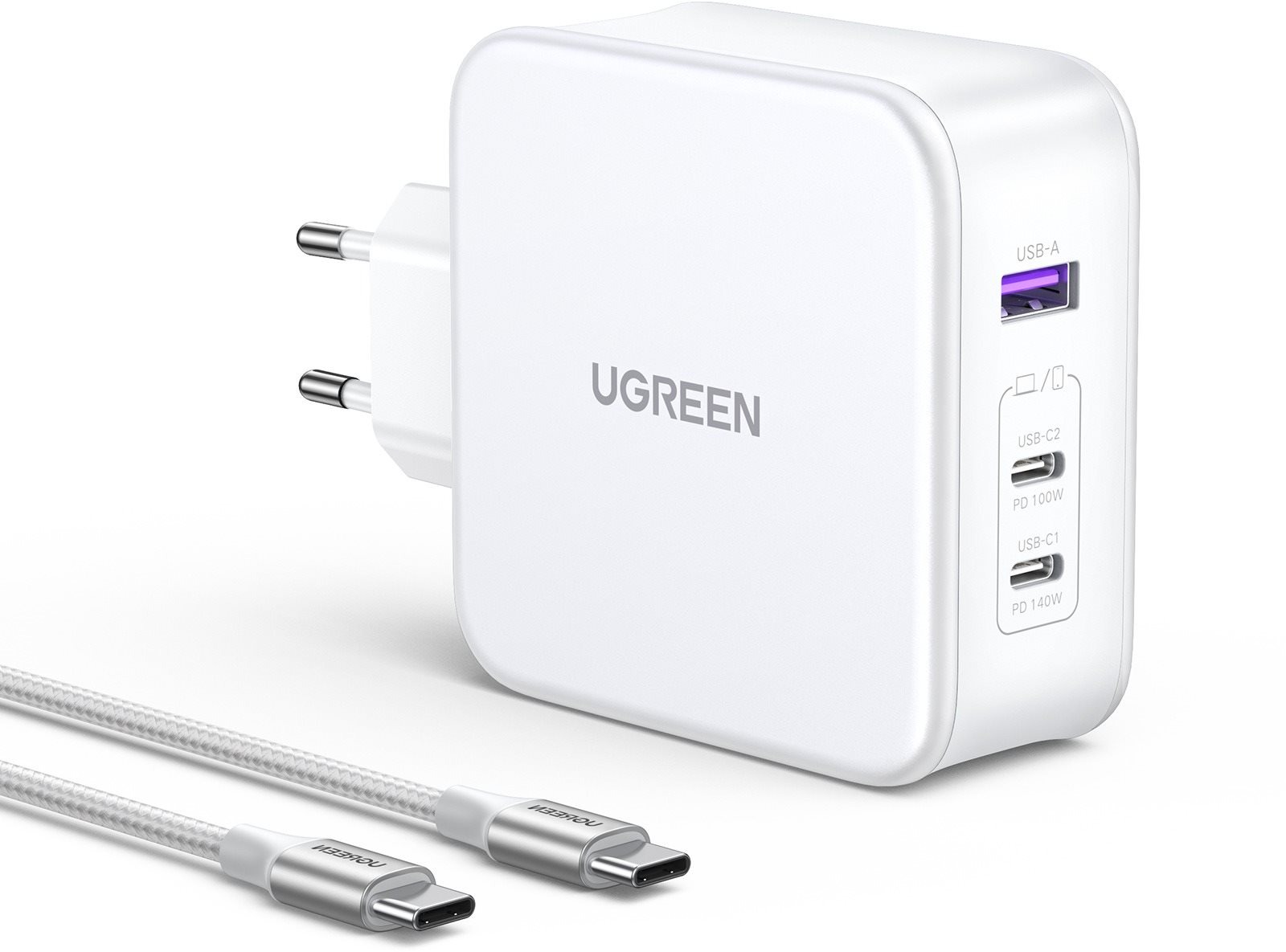 Hálózati töltő Ugreen USB-A+2*USB-C 140W GaN Tech gyorstöltő C-C kábellel 2M EU fehér