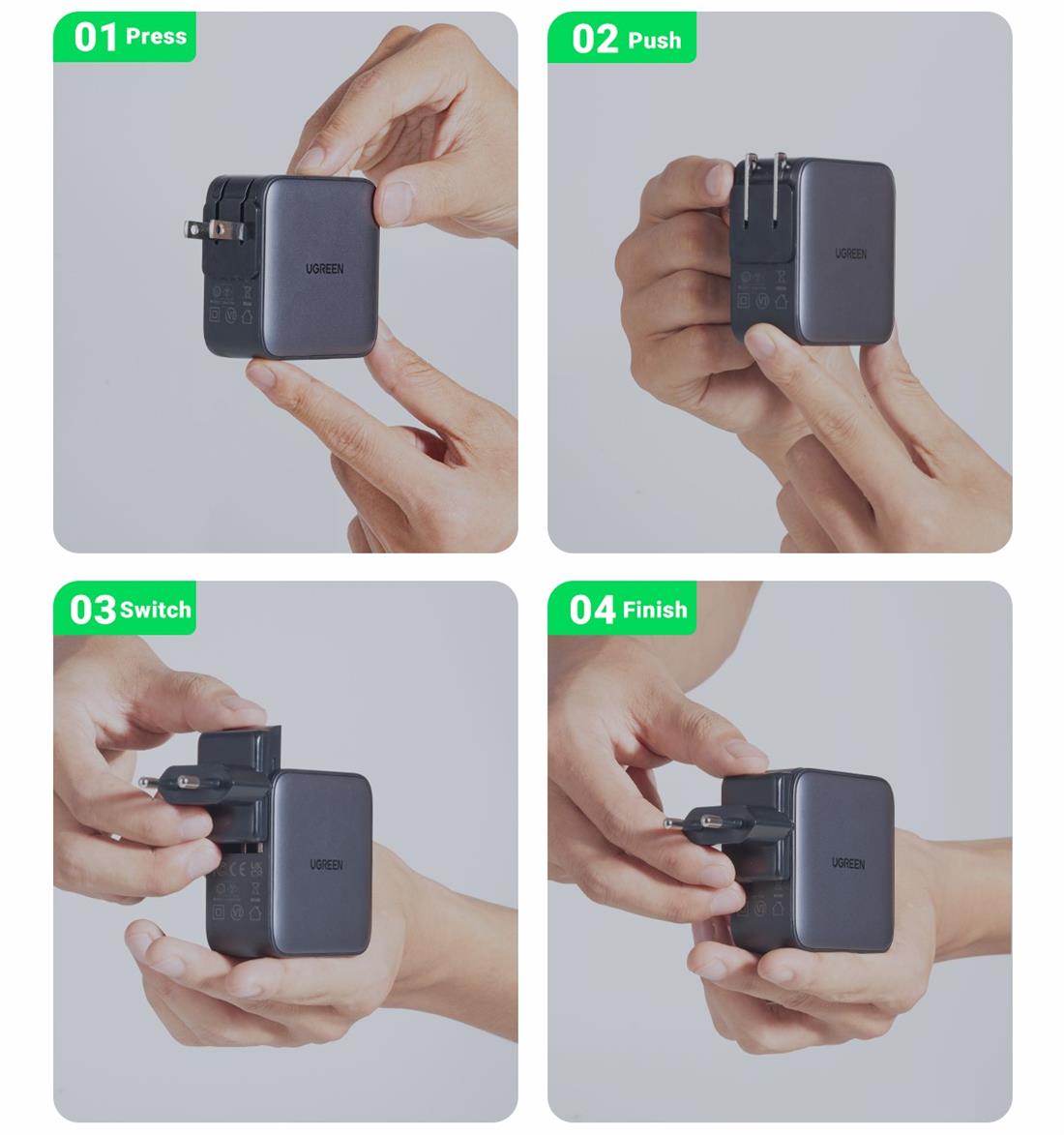 A Ugreen USB-A+2*USB-C 65W GaN Tech Worldwide Travel Fast Charger hálózati töltő