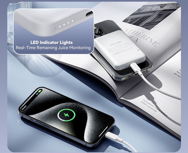 Vention 5000mAh Magnetic Wireless Power Bank 20W Pink Light Indicator Display Type powerbank