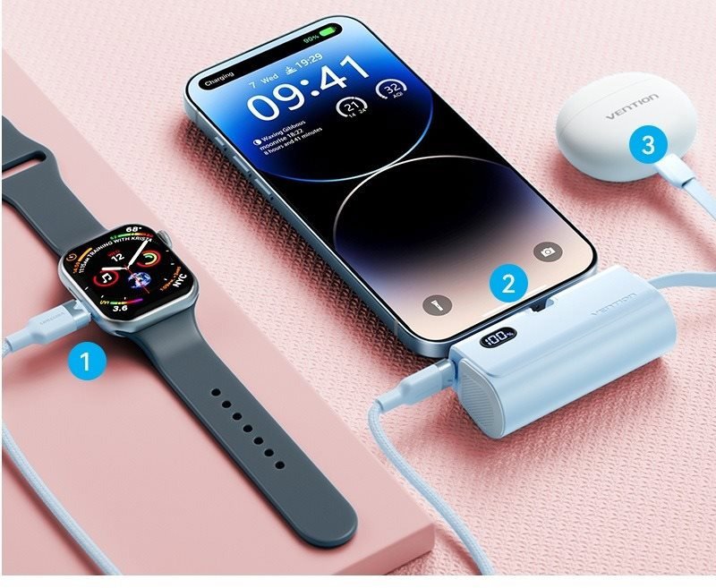 Vention LED Display 4800mAh Power Bank (USB-C + Lightning + USB-C) 22.5W White Foldable Lightning Type powerbank
