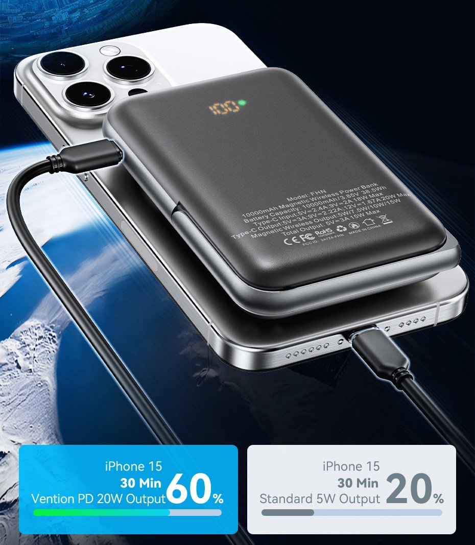Vention 10000mAh Magnetic Wireless Power Bank (USB-C + Wireless) 20W Black powerbank