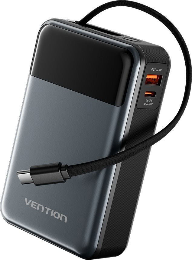Vention 20000mAh Power Bank (USB-C + USB-C/USB-A) with Built-in USB-C Cable 65W powerbank