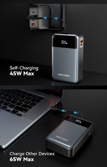 Vention 20000mAh Power Bank (USB-C + USB-C/USB-A) with Built-in USB-C Cable 65W powerbank