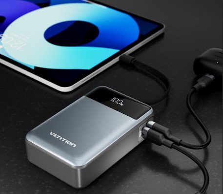 Vention 20000mAh Power Bank (USB-C + USB-C/USB-A) with Built-in USB-C Cable 65W powerbank