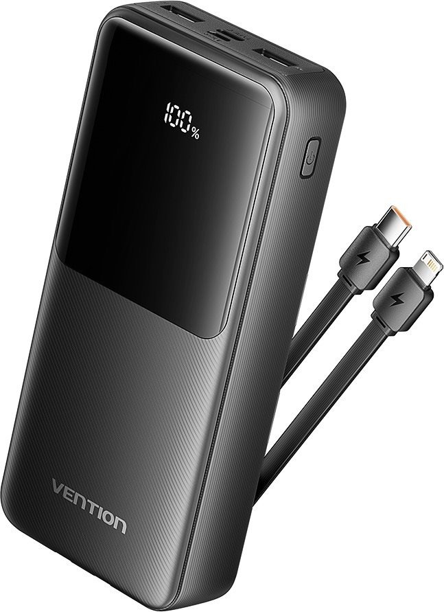 Vention 20000mAh Power Bank with Integrated USB-C and Lightning Cables 22.5W Black LED Display Type powerbank