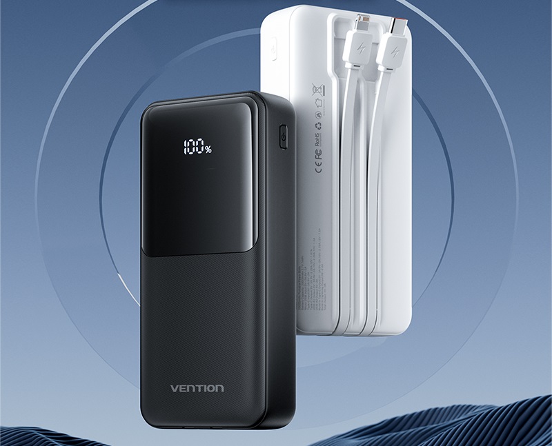 Vention 20000mAh Power Bank with Integrated USB-C and Lightning Cables 22.5W Black LED Display Type powerbank