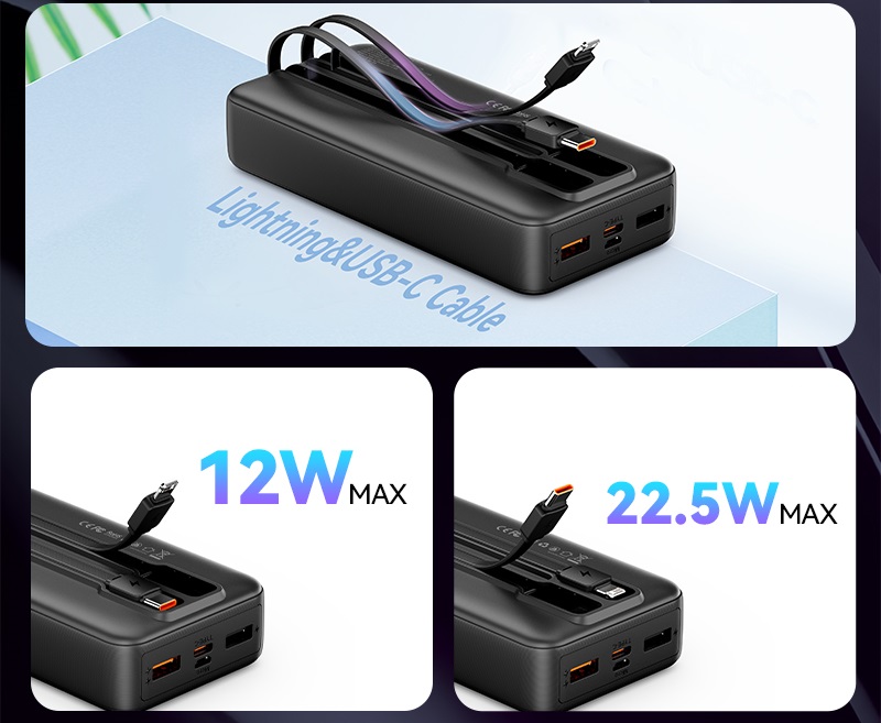 Vention 20000mAh Power Bank with Integrated USB-C and Lightning Cables 22.5W Black LED Display Type powerbank