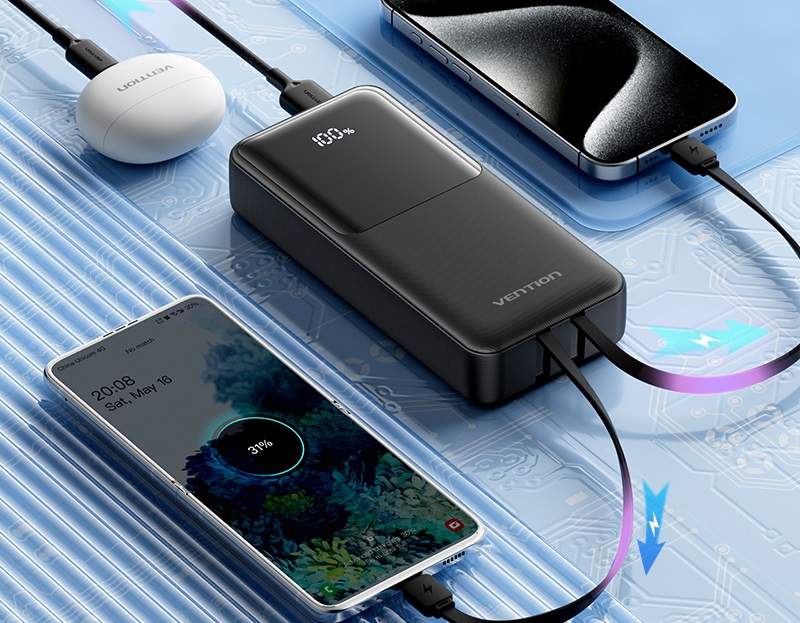 Vention 20000mAh Power Bank with Integrated USB-C and Lightning Cables 22.5W Black LED Display Type powerbank