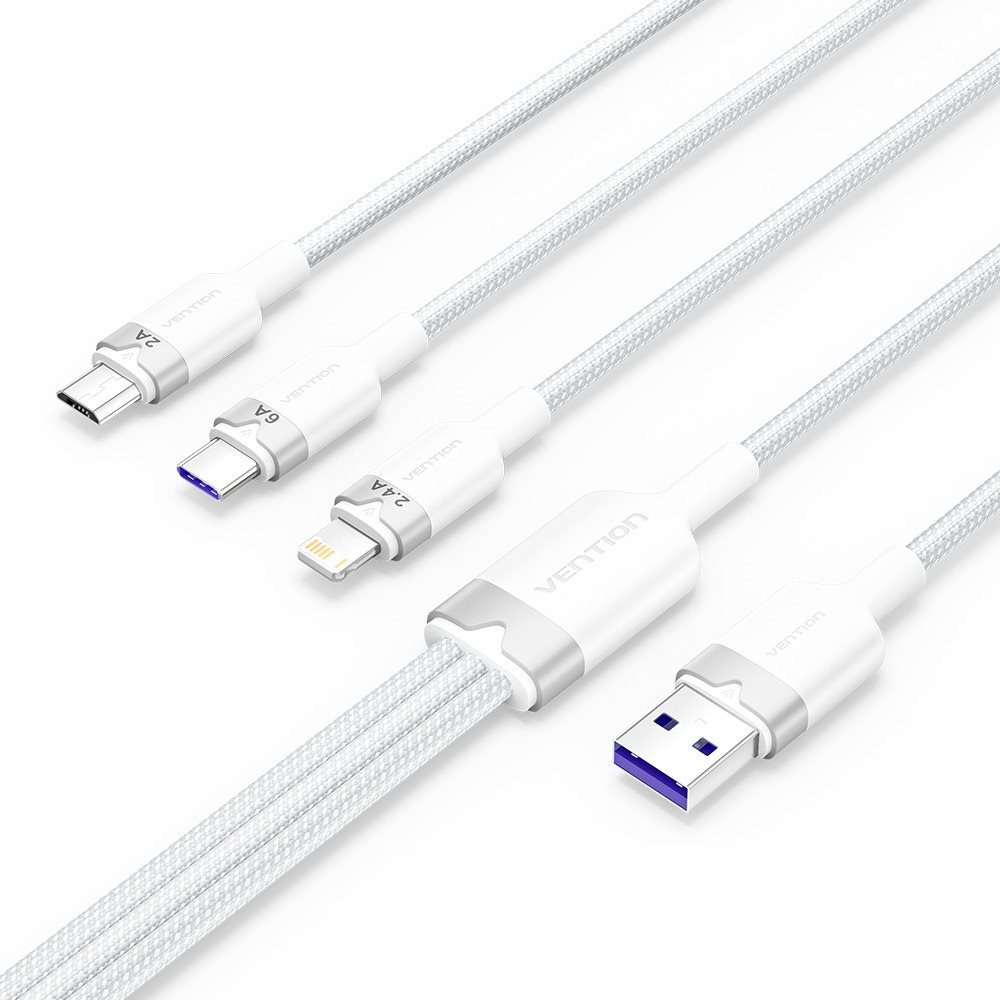 Vention USB 2.0 A Male to 3in1 USB-C, Lightning, Micro-B Male 6A, 1.5 m, Alu. Alloy Type, fehér adatkábel