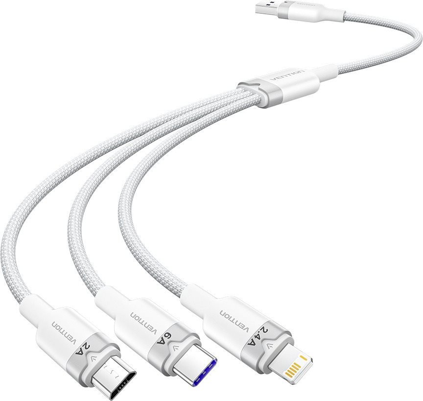 Vention USB 2.0 A Male to 3in1 USB-C, Lightning, Micro-B Male 6A, 1.5 m, Alu. Alloy Type, fehér adatkábel