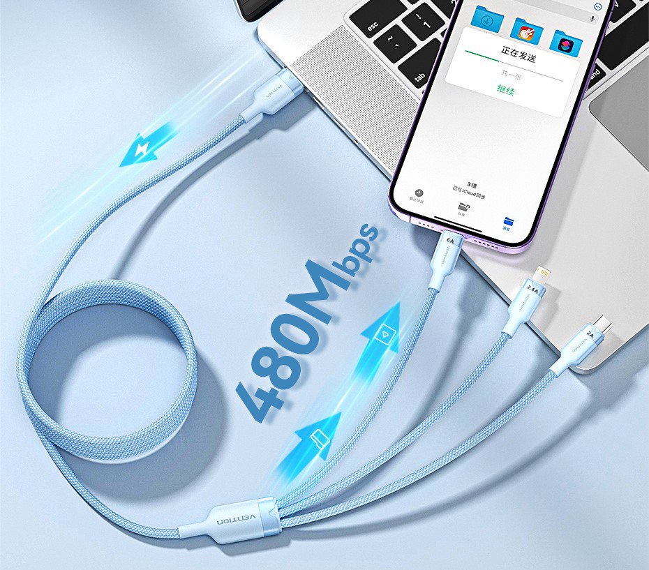 Vention USB 2.0 A Male to 3in1 USB-C, Lightning, Micro-B Male 6A, 1.5 m, Alu. Alloy Type, pink adatkábel