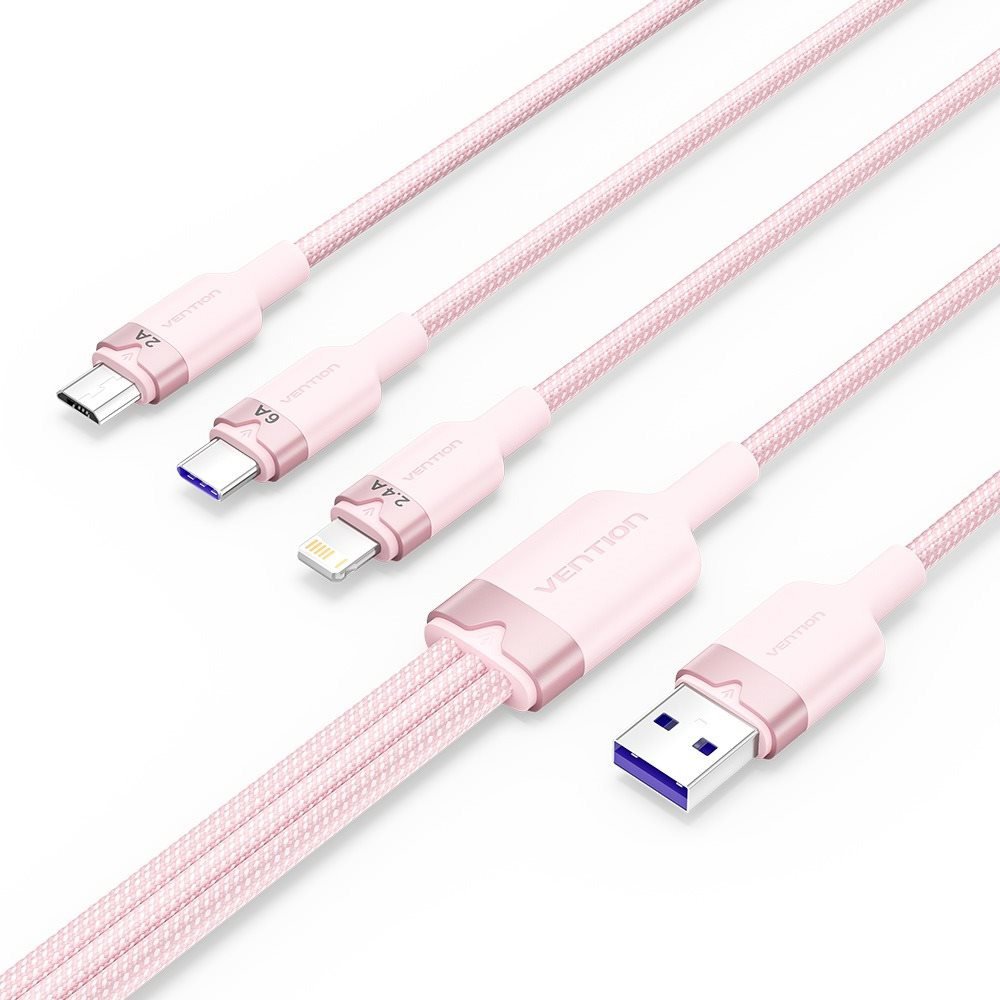 Vention USB 2.0 A Male to 3in1 USB-C, Lightning, Micro-B Male 6A, 1.5 m, Alu. Alloy Type, pink adatkábel
