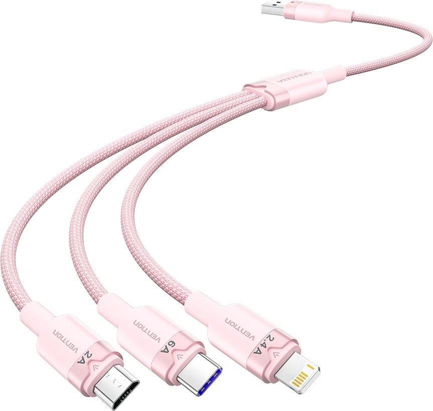 Vention USB 2.0 A Male to 3in1 USB-C, Lightning, Micro-B Male 6A, 1.5 m, Alu. Alloy Type, pink adatkábel