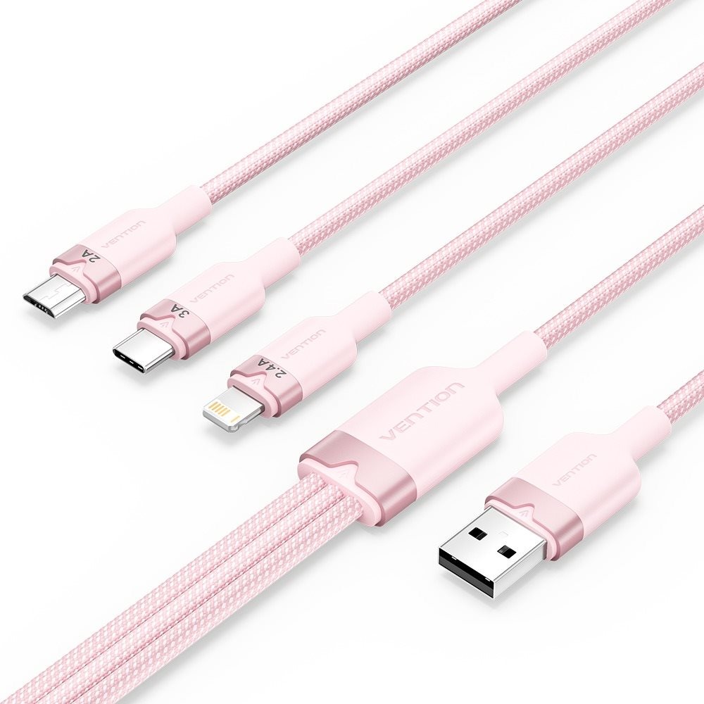 Vention USB 2.0 A Male to 3in1 USB-C, Lightning, Micro-B Male 3A, 1.5 m, Alu. Alloy Type, pink adatkábel