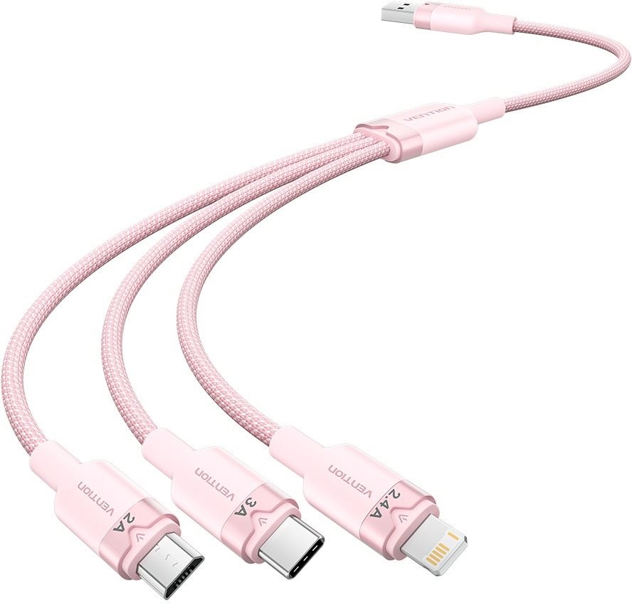 Vention USB 2.0 A Male to 3in1 USB-C, Lightning, Micro-B Male 3A, 1.5 m, Alu. Alloy Type, pink adatkábel
