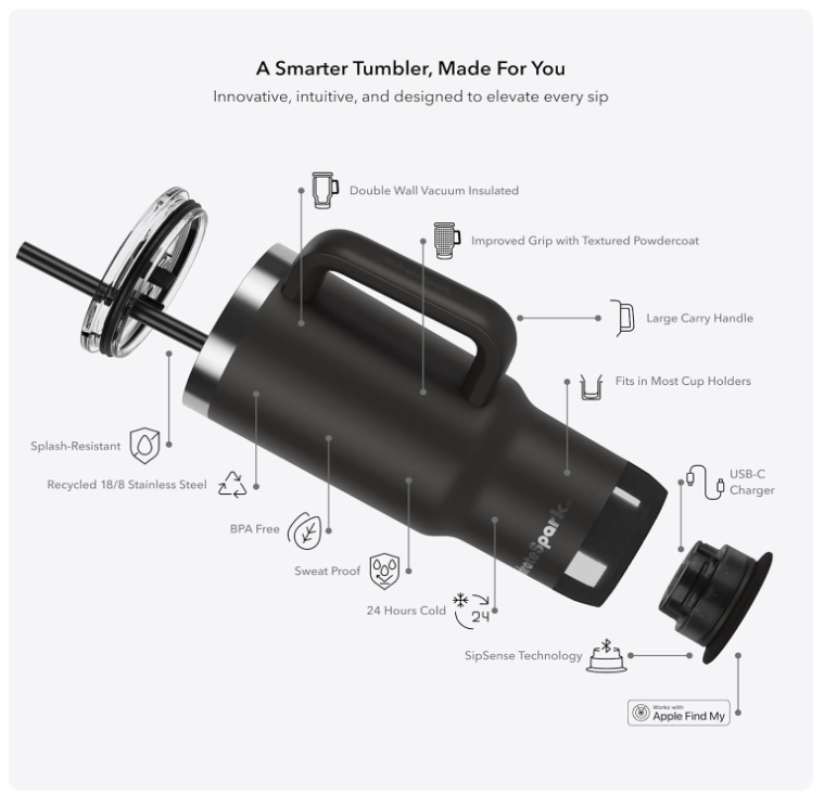 HidrateSpark PRO 2 Tumbler okosüveg, 887 ml, fekete