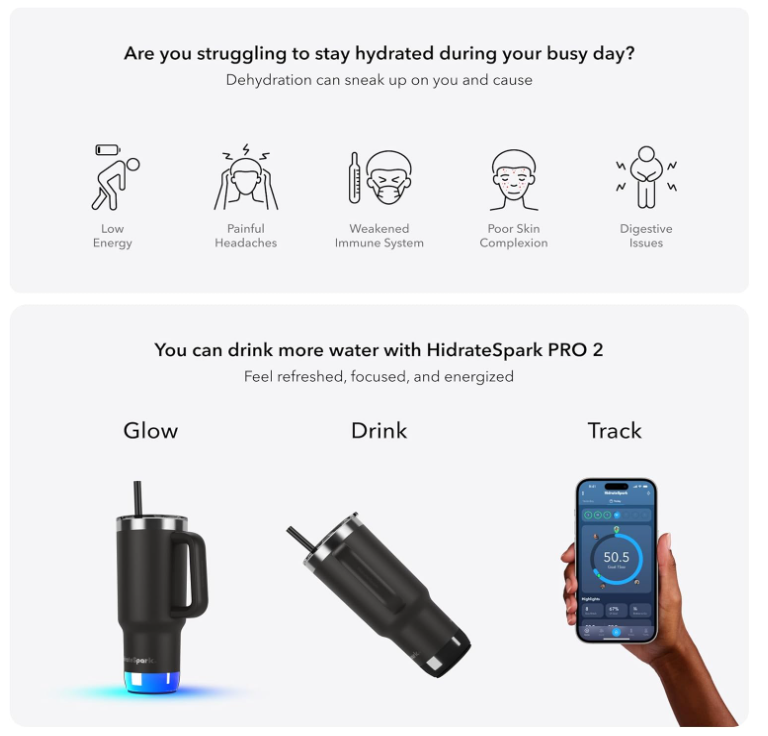 HidrateSpark PRO 2 Tumbler okosüveg, 887 ml, fekete