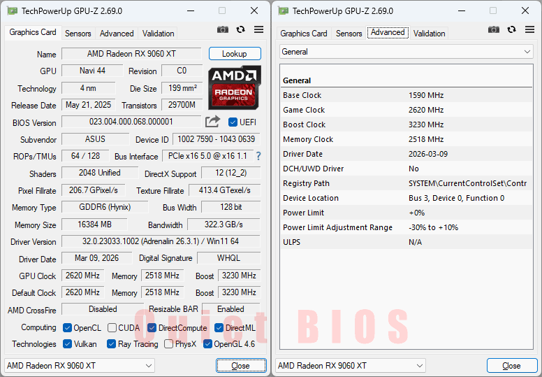 AAsus DUAL RX 9060 XT 16G GPUZ; Q-mode
