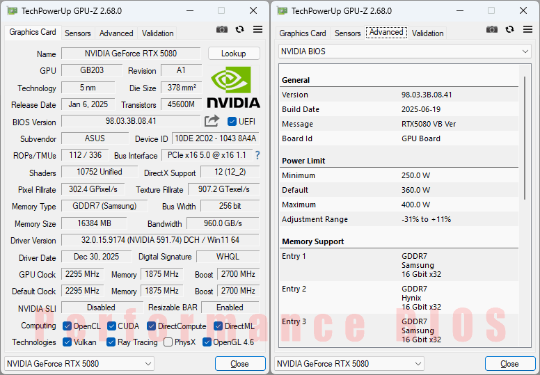 Asus ProArt RTX 5080 O16G GPUZ; P-mode
