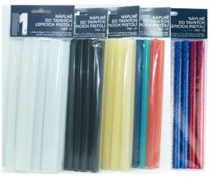 Sárga, piros, kék és fekete ragasztópisztoly ragasztórúd